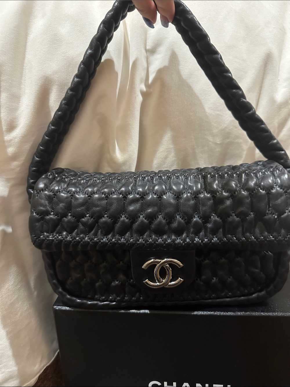 CHANEL Black Quilted Leather Shoulder Bag with Braided Strap